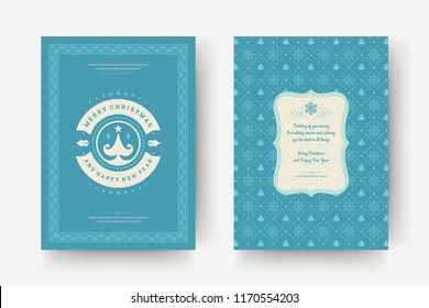 Christmas greeting card design template. Merry Christmas and holidays wishes retro typographic label and place for text with pattern background. Vector illustration.