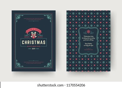 Christmas greeting card design template. Merry Christmas and holidays wishes retro typographic label and place for text with pattern background. Vector illustration.