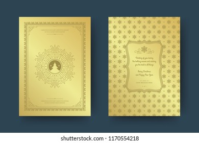 Christmas greeting card design template. Merry Christmas and holidays wishes retro typographic label and place for text with pattern background. Vector illustration.