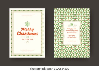 Christmas greeting card design template. Merry Christmas and holidays wishes retro typographic label and place for text with pattern background. Vector illustration.