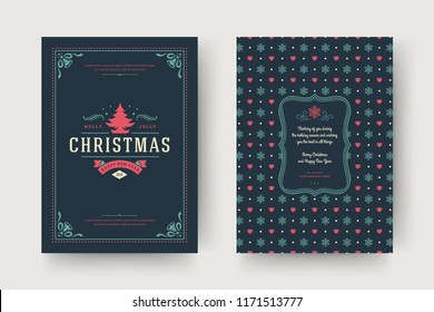 Christmas greeting card design template. Merry Christmas and holidays wishes retro typographic label and place for text with pattern background. Vector illustration.