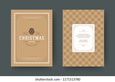Christmas greeting card design template. Merry Christmas and holidays wishes retro typographic label and place for text with pattern background. Vector illustration.
