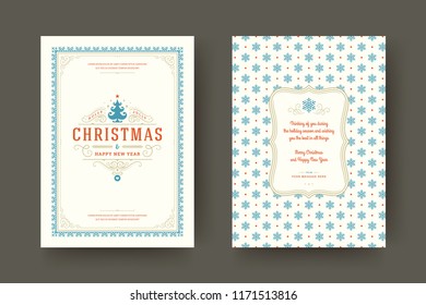 Christmas greeting card design template. Merry Christmas and holidays wishes retro typographic label and place for text with pattern background. Vector illustration.