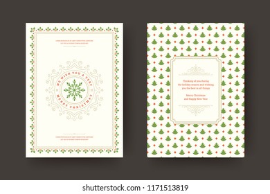 Christmas greeting card design template. Merry Christmas and holidays wishes retro typographic label and place for text with pattern background. Vector illustration.