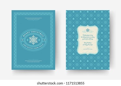Christmas greeting card design template. Merry Christmas and holidays wishes retro typographic label and place for text with pattern background. Vector illustration.