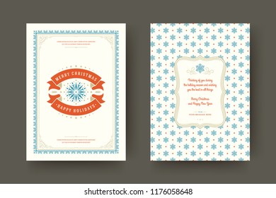 Christmas greeting card design template. Merry Christmas and holidays wishes retro typographic label and place for text with pattern background. Vector illustration.