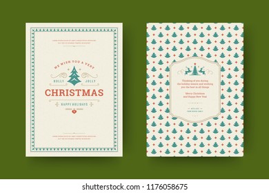 Christmas greeting card design template. Merry Christmas and holidays wishes retro typographic label and place for text with pattern background. Vector illustration.