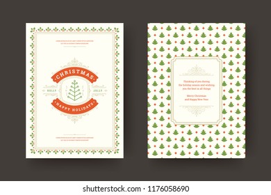 Christmas greeting card design template. Merry Christmas and holidays wishes retro typographic label and place for text with pattern background. Vector illustration.