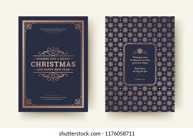 Christmas greeting card design template. Merry Christmas and holidays wishes retro typographic label and place for text with pattern background. Vector illustration.