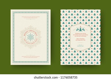 Christmas greeting card design template. Merry Christmas and holidays wishes retro typographic label and place for text with pattern background. Vector illustration.