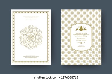 Christmas greeting card design template. Merry Christmas and holidays wishes retro typographic label and place for text with pattern background. Vector illustration.