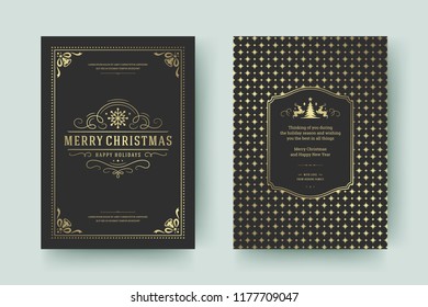 Christmas greeting card design template. Merry Christmas and holidays wishes retro typographic label and place for text with pattern background. Vector illustration.