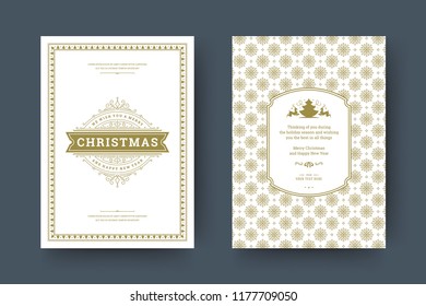 Christmas greeting card design template. Merry Christmas and holidays wishes retro typographic label and place for text with pattern background. Vector illustration.