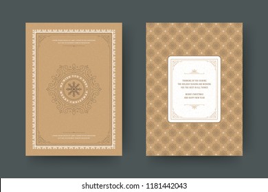Christmas greeting card design template. Merry Christmas and holidays wishes retro typographic label and place for text with pattern background. Vector illustration.