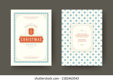 Christmas greeting card design template. Merry Christmas and holidays wishes retro typographic label and place for text with pattern background. Vector illustration.