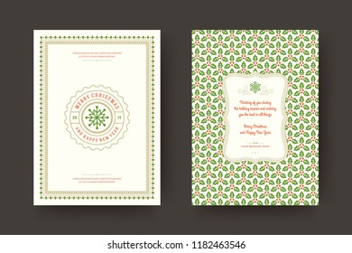 Christmas greeting card design template. Merry Christmas and holidays wishes retro typographic label and place for text with pattern background. Vector illustration.