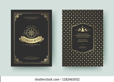 Christmas greeting card design template. Merry Christmas and holidays wishes retro typographic label and place for text with pattern background. Vector illustration.