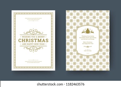 Christmas greeting card design template. Merry Christmas and holidays wishes retro typographic label and place for text with pattern background. Vector illustration.