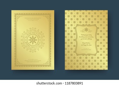 Christmas greeting card design template. Merry Christmas and holidays wishes retro typographic label and place for text with pattern background. Vector illustration.