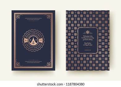 Christmas greeting card design template. Merry Christmas and holidays wishes retro typographic label and place for text with pattern background. Vector illustration.