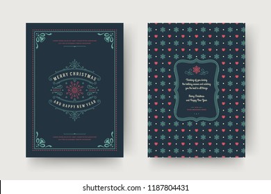 Christmas greeting card design template. Merry Christmas and holidays wishes retro typographic label and place for text with pattern background. Vector illustration.