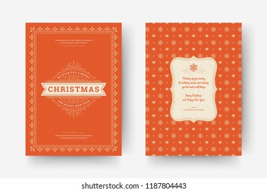 Christmas greeting card design template. Merry Christmas and holidays wishes retro typographic label and place for text with pattern background. Vector illustration.