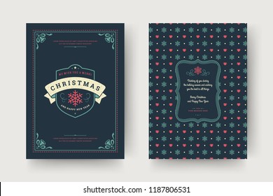 Christmas greeting card design template. Merry Christmas and holidays wishes retro typographic label and place for text with pattern background. Vector illustration.