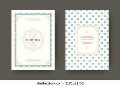 Christmas greeting card design template. Merry Christmas and holidays wishes retro typographic label and place for text with pattern background. Vector illustration.