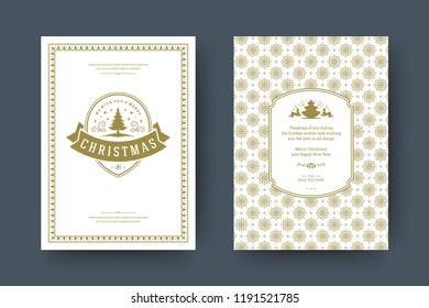 Christmas greeting card design template. Merry Christmas and holidays wishes retro typographic label and place for text with pattern background. Vector illustration.
