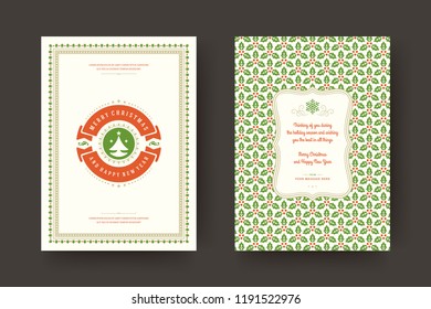 Christmas greeting card design template. Merry Christmas and holidays wishes retro typographic label and place for text with pattern background. Vector illustration.