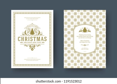 Christmas greeting card design template. Merry Christmas and holidays wishes retro typographic label and place for text with pattern background. Vector illustration.