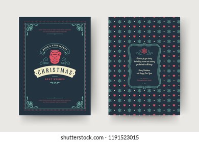 Christmas greeting card design template. Merry Christmas and holidays wishes retro typographic label and place for text with pattern background. Vector illustration.