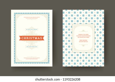 Christmas greeting card design template. Merry Christmas and holidays wishes retro typographic label and place for text with pattern background. Vector illustration.