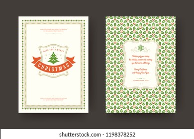 Christmas greeting card design template. Merry Christmas and holidays wishes retro typographic label and place for text with pattern background. Vector illustration.