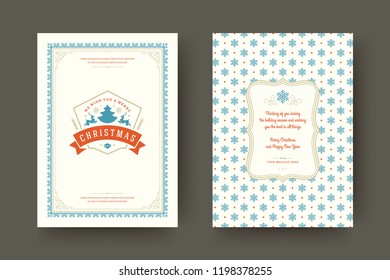 Christmas greeting card design template. Merry Christmas and holidays wishes retro typographic label and place for text with pattern background. Vector illustration.