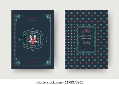 Christmas greeting card design template. Merry Christmas and holidays wishes retro typographic label and place for text with pattern background. Vector illustration.