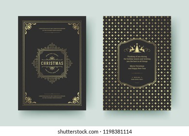 Christmas greeting card design template. Merry Christmas and holidays wishes retro typographic label and place for text with pattern background. Vector illustration.