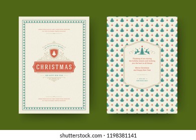 Christmas greeting card design template. Merry Christmas and holidays wishes retro typographic label and place for text with pattern background. Vector illustration.