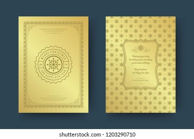 Christmas greeting card design template. Merry Christmas and holidays wishes retro typographic label and place for text with pattern background. Vector illustration.
