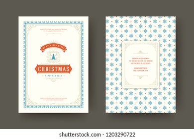 Christmas greeting card design template. Merry Christmas and holidays wishes retro typographic label and place for text with pattern background. Vector illustration.