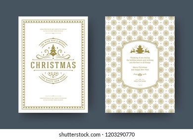 Christmas greeting card design template. Merry Christmas and holidays wishes retro typographic label and place for text with pattern background. Vector illustration.
