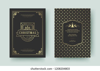 Christmas greeting card design template. Merry Christmas and holidays wishes retro typographic label and place for text with pattern background. Vector illustration.