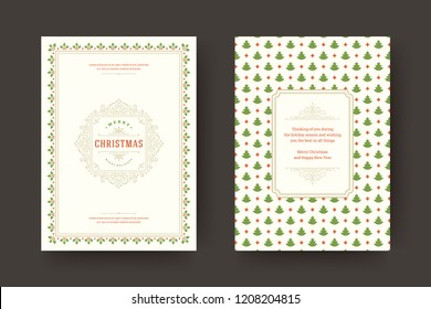 Christmas greeting card design template. Merry Christmas and holidays wishes retro typographic label and place for text with pattern background. Vector illustration.