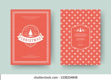 Christmas greeting card design template. Merry Christmas and holidays wishes retro typographic label and place for text with pattern background. Vector illustration.