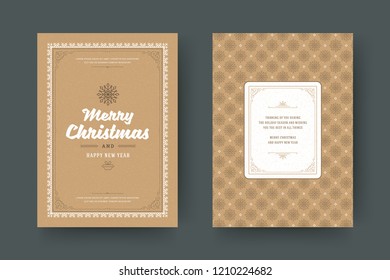 Christmas greeting card design template. Merry Christmas and holidays wishes retro typographic label and place for text with pattern background. Vector illustration.