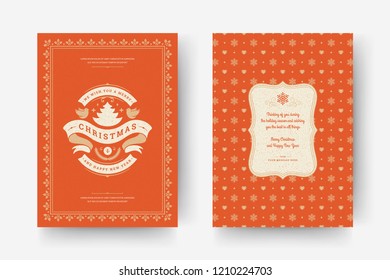 Christmas greeting card design template. Merry Christmas and holidays wishes retro typographic label and place for text with pattern background. Vector illustration.