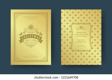Christmas greeting card design template. Merry Christmas and holidays wishes retro typographic label and place for text with pattern background. Vector illustration.