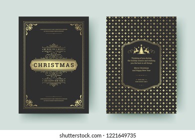 Christmas greeting card design template. Merry Christmas and holidays wishes retro typographic label and place for text with pattern background. Vector illustration.