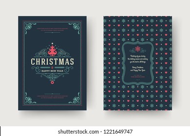 Christmas greeting card design template. Merry Christmas and holidays wishes retro typographic label and place for text with pattern background. Vector illustration.