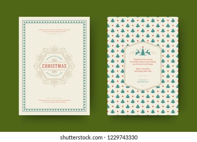 Christmas greeting card design template. Merry Christmas and holidays wishes retro typographic label and place for text with pattern background. Vector illustration.